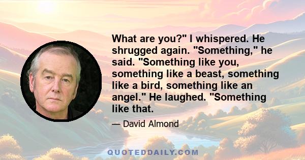 What are you? I whispered. He shrugged again. Something, he said. Something like you, something like a beast, something like a bird, something like an angel. He laughed. Something like that.