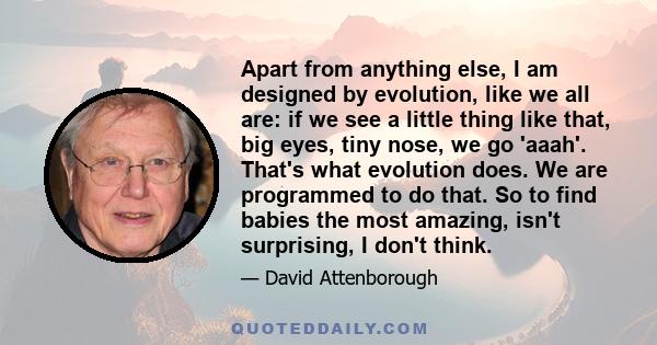 Apart from anything else, I am designed by evolution, like we all are: if we see a little thing like that, big eyes, tiny nose, we go 'aaah'. That's what evolution does. We are programmed to do that. So to find babies