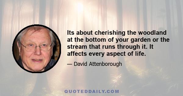 Its about cherishing the woodland at the bottom of your garden or the stream that runs through it. It affects every aspect of life.