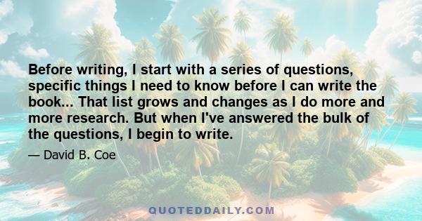 Before writing, I start with a series of questions, specific things I need to know before I can write the book... That list grows and changes as I do more and more research. But when I've answered the bulk of the