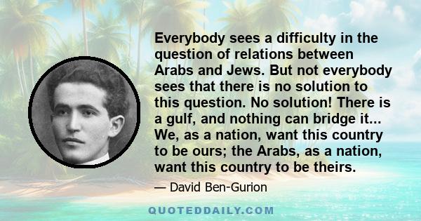 Everybody sees a difficulty in the question of relations between Arabs and Jews. But not everybody sees that there is no solution to this question. No solution! There is a gulf, and nothing can bridge it... We, as a