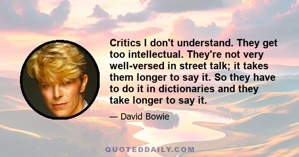 Critics I don't understand. They get too intellectual. They're not very well-versed in street talk; it takes them longer to say it. So they have to do it in dictionaries and they take longer to say it.