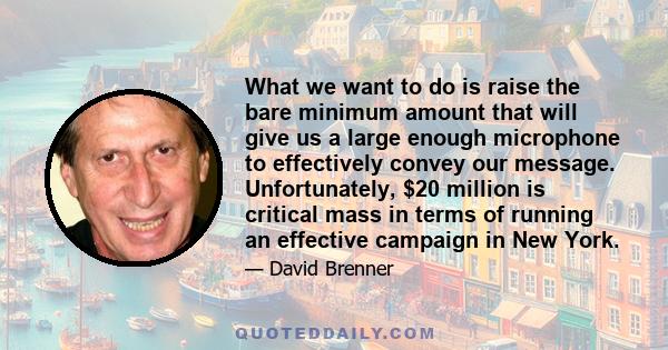 What we want to do is raise the bare minimum amount that will give us a large enough microphone to effectively convey our message. Unfortunately, $20 million is critical mass in terms of running an effective campaign in 