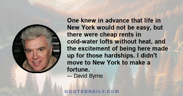 One knew in advance that life in New York would not be easy‚ but there were cheap rents in cold-water lofts without heat‚ and the excitement of being here made up for those hardships. I didn't move to New York to make a 