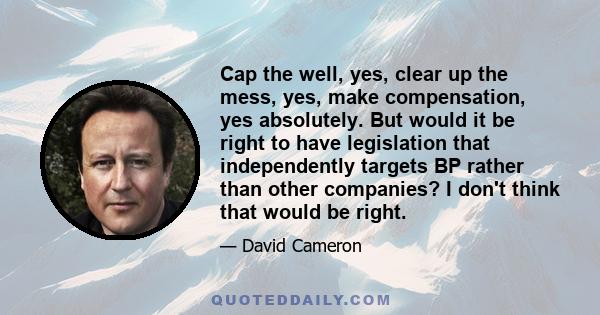 Cap the well, yes, clear up the mess, yes, make compensation, yes absolutely. But would it be right to have legislation that independently targets BP rather than other companies? I don't think that would be right.