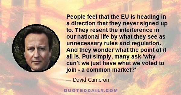 People feel that the EU is heading in a direction that they never signed up to. They resent the interference in our national life by what they see as unnecessary rules and regulation. And they wonder what the point of