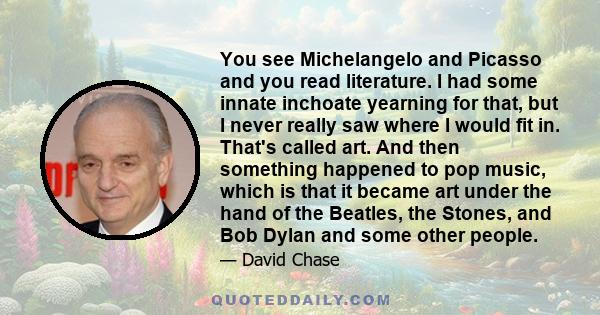 You see Michelangelo and Picasso and you read literature. I had some innate inchoate yearning for that, but I never really saw where I would fit in. That's called art. And then something happened to pop music, which is