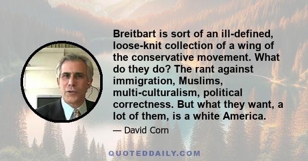 Breitbart is sort of an ill-defined, loose-knit collection of a wing of the conservative movement. What do they do? The rant against immigration, Muslims, multi-culturalism, political correctness. But what they want, a