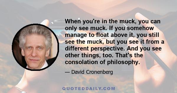 When you're in the muck, you can only see muck. If you somehow manage to float above it, you still see the muck, but you see it from a different perspective. And you see other things, too. That's the consolation of