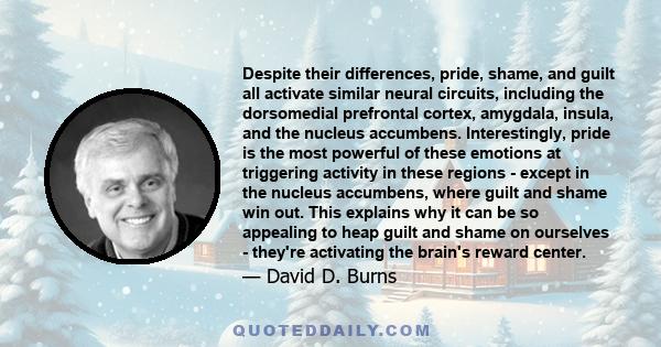 Despite their differences, pride, shame, and guilt all activate similar neural circuits, including the dorsomedial prefrontal cortex, amygdala, insula, and the nucleus accumbens. Interestingly, pride is the most