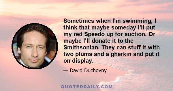 Sometimes when I'm swimming, I think that maybe someday I'll put my red Speedo up for auction. Or maybe I'll donate it to the Smithsonian. They can stuff it with two plums and a gherkin and put it on display.