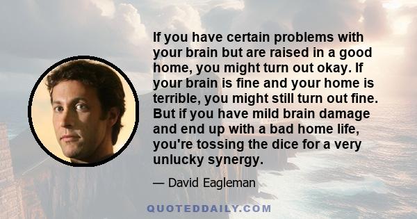 If you have certain problems with your brain but are raised in a good home, you might turn out okay. If your brain is fine and your home is terrible, you might still turn out fine. But if you have mild brain damage and