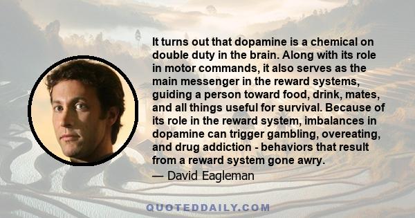 It turns out that dopamine is a chemical on double duty in the brain. Along with its role in motor commands, it also serves as the main messenger in the reward systems, guiding a person toward food, drink, mates, and