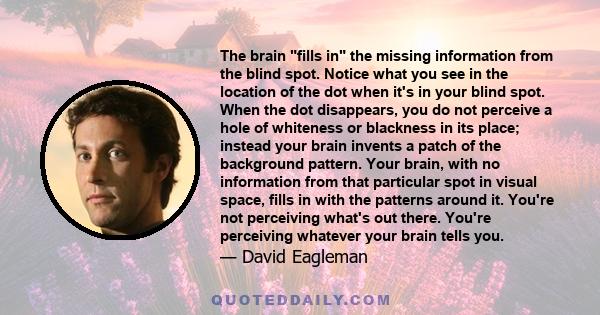 The brain fills in the missing information from the blind spot. Notice what you see in the location of the dot when it's in your blind spot. When the dot disappears, you do not perceive a hole of whiteness or blackness