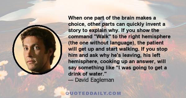 When one part of the brain makes a choice, other parts can quickly invent a story to explain why. If you show the command Walk to the right hemisphere (the one without language), the patient will get up and start