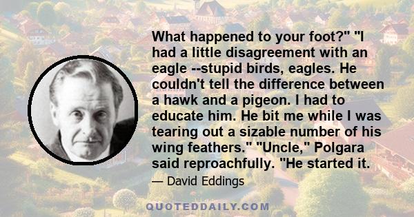 What happened to your foot? I had a little disagreement with an eagle --stupid birds, eagles. He couldn't tell the difference between a hawk and a pigeon. I had to educate him. He bit me while I was tearing out a