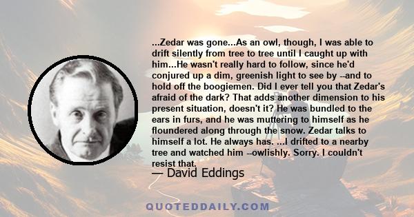 ...Zedar was gone...As an owl, though, I was able to drift silently from tree to tree until I caught up with him...He wasn't really hard to follow, since he'd conjured up a dim, greenish light to see by --and to hold