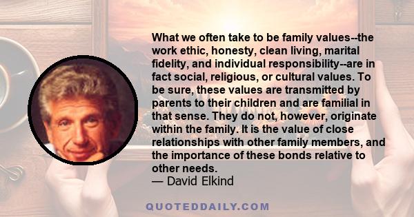 What we often take to be family values--the work ethic, honesty, clean living, marital fidelity, and individual responsibility--are in fact social, religious, or cultural values. To be sure, these values are transmitted 