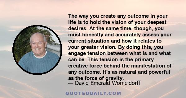 The way you create any outcome in your life is to hold the vision of your deepest desires. At the same time, though, you must honestly and accurately assess your current situation and how it relates to your greater