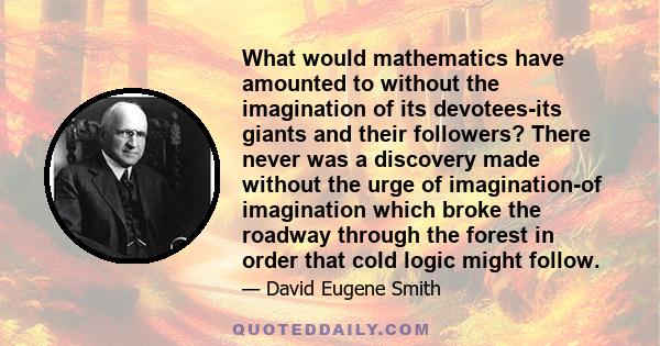 What would mathematics have amounted to without the imagination of its devotees-its giants and their followers? There never was a discovery made without the urge of imagination-of imagination which broke the roadway