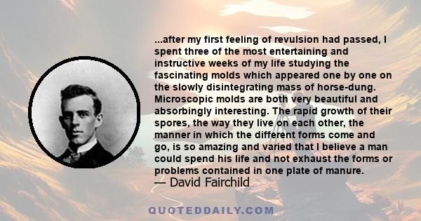 ...after my first feeling of revulsion had passed, I spent three of the most entertaining and instructive weeks of my life studying the fascinating molds which appeared one by one on the slowly disintegrating mass of