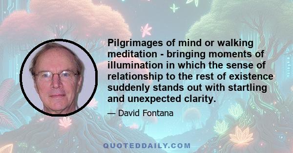 Pilgrimages of mind or walking meditation - bringing moments of illumination in which the sense of relationship to the rest of existence suddenly stands out with startling and unexpected clarity.