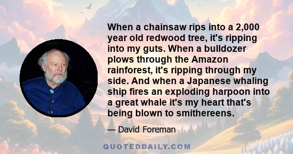 When a chainsaw rips into a 2,000 year old redwood tree, it's ripping into my guts. When a bulldozer plows through the Amazon rainforest, it's ripping through my side. And when a Japanese whaling ship fires an exploding 