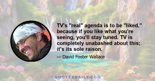 TV's real agenda is to be liked, because if you like what you're seeing, you'll stay tuned. TV is completely unabashed about this; it's its sole raison.