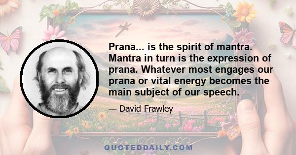 Prana... is the spirit of mantra. Mantra in turn is the expression of prana. Whatever most engages our prana or vital energy becomes the main subject of our speech.