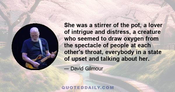 She was a stirrer of the pot, a lover of intrigue and distress, a creature who seemed to draw oxygen from the spectacle of people at each other's throat, everybody in a state of upset and talking about her.