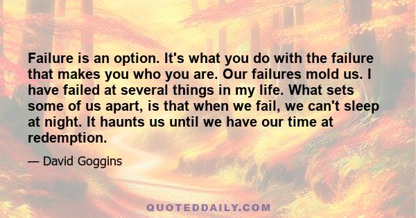 Failure is an option. It's what you do with the failure that makes you who you are. Our failures mold us. I have failed at several things in my life. What sets some of us apart, is that when we fail, we can't sleep at