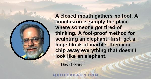 A closed mouth gathers no foot. A conclusion is simply the place where someone got tired of thinking. A fool-proof method for sculpting an elephant: first, get a huge block of marble; then you chip away everything that