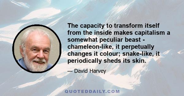 The capacity to transform itself from the inside makes capitalism a somewhat peculiar beast - chameleon-like, it perpetually changes it colour; snake-like, it periodically sheds its skin.