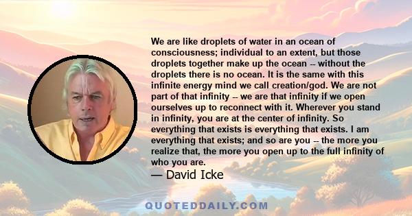 We are like droplets of water in an ocean of consciousness; individual to an extent, but those droplets together make up the ocean -- without the droplets there is no ocean. It is the same with this infinite energy mind 