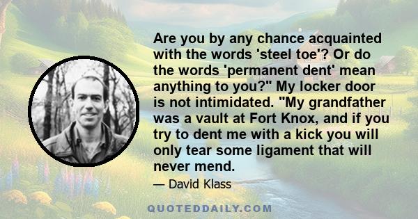 Are you by any chance acquainted with the words 'steel toe'? Or do the words 'permanent dent' mean anything to you? My locker door is not intimidated. My grandfather was a vault at Fort Knox, and if you try to dent me