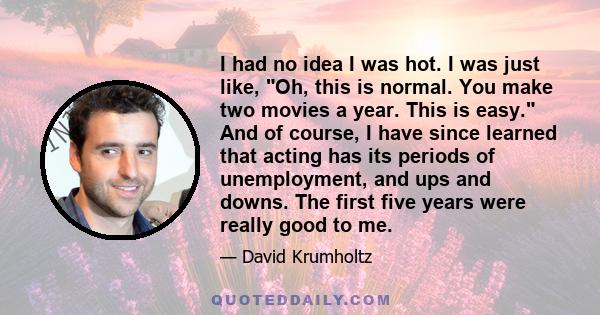 I had no idea I was hot. I was just like, Oh, this is normal. You make two movies a year. This is easy. And of course, I have since learned that acting has its periods of unemployment, and ups and downs. The first five