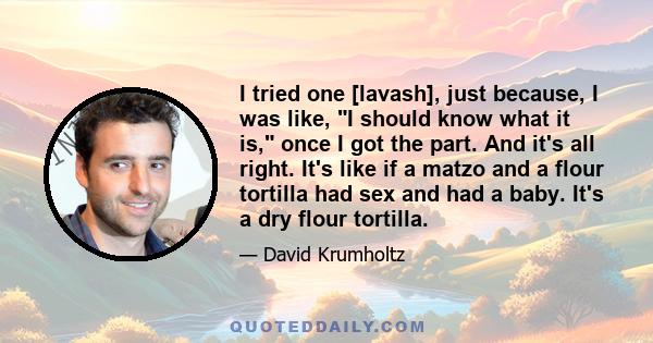 I tried one [lavash], just because, I was like, I should know what it is, once I got the part. And it's all right. It's like if a matzo and a flour tortilla had sex and had a baby. It's a dry flour tortilla.