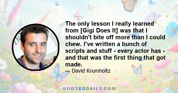 The only lesson I really learned from [Gigi Does It] was that I shouldn't bite off more than I could chew. I've written a bunch of scripts and stuff - every actor has - and that was the first thing that got made.