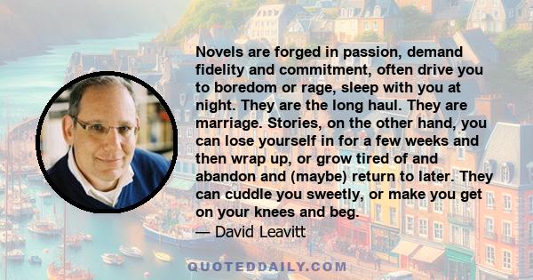 Novels are forged in passion, demand fidelity and commitment, often drive you to boredom or rage, sleep with you at night. They are the long haul. They are marriage. Stories, on the other hand, you can lose yourself in