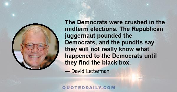 The Democrats were crushed in the midterm elections. The Republican juggernaut pounded the Democrats, and the pundits say they will not really know what happened to the Democrats until they find the black box.