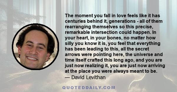 The moment you fall in love feels like it has centuries behind it, generations - all of them rearranging themselves so this precise, remarkable intersection could happen. In your heart, in your bones, no matter how