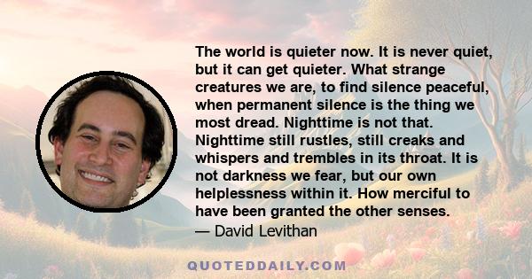 The world is quieter now. It is never quiet, but it can get quieter. What strange creatures we are, to find silence peaceful, when permanent silence is the thing we most dread. Nighttime is not that. Nighttime still