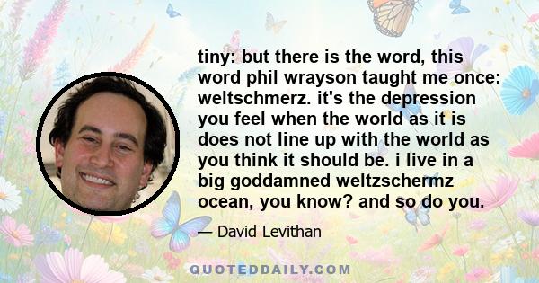 tiny: but there is the word, this word phil wrayson taught me once: weltschmerz. it's the depression you feel when the world as it is does not line up with the world as you think it should be. i live in a big goddamned