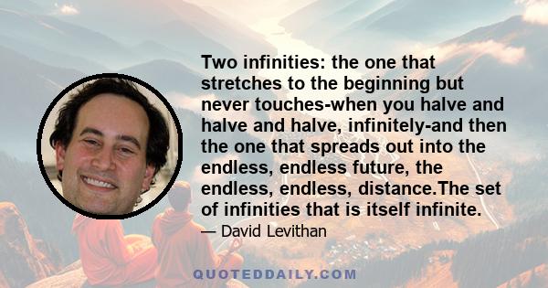 Two infinities: the one that stretches to the beginning but never touches-when you halve and halve and halve, infinitely-and then the one that spreads out into the endless, endless future, the endless, endless,