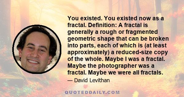 You existed. You existed now as a fractal. Definition: A fractal is generally a rough or fragmented geometric shape that can be broken into parts, each of which is (at least approximately) a reduced-size copy of the