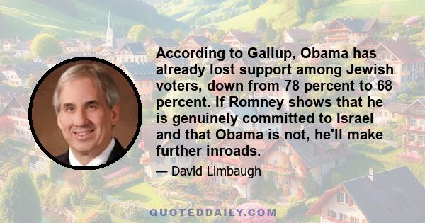 According to Gallup, Obama has already lost support among Jewish voters, down from 78 percent to 68 percent. If Romney shows that he is genuinely committed to Israel and that Obama is not, he'll make further inroads.