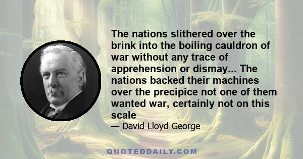 The nations slithered over the brink into the boiling cauldron of war without any trace of apprehension or dismay... The nations backed their machines over the precipice not one of them wanted war, certainly not on this 