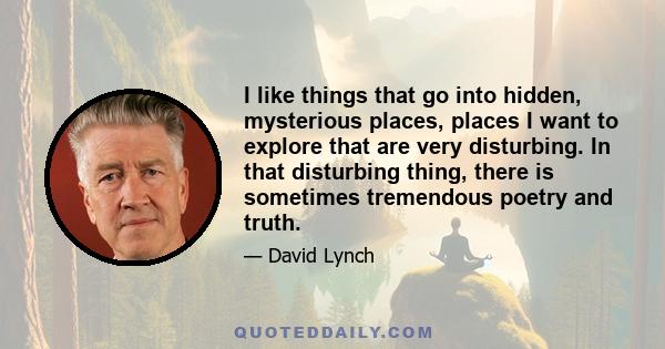 I like things that go into hidden, mysterious places, places I want to explore that are very disturbing. In that disturbing thing, there is sometimes tremendous poetry and truth.