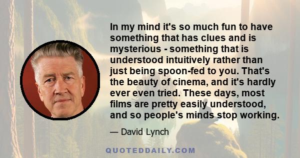 In my mind it's so much fun to have something that has clues and is mysterious - something that is understood intuitively rather than just being spoon-fed to you. That's the beauty of cinema, and it's hardly ever even