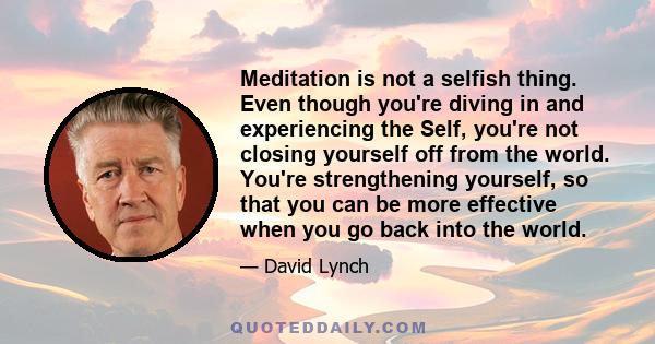 Meditation is not a selfish thing. Even though you're diving in and experiencing the Self, you're not closing yourself off from the world. You're strengthening yourself, so that you can be more effective when you go